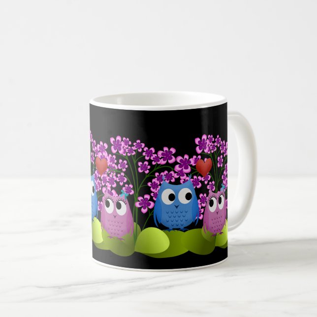 Caneca De Café Design de Coruja de Pássaros Rosa e Azul (Frente Esquerda)
