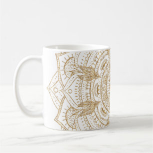 Caneca De Café Design de Desenho de Mão de Mandala Branco e Dour