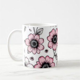 Caneca De Café Design de esboços, flores e folhas, cor-de-rosa