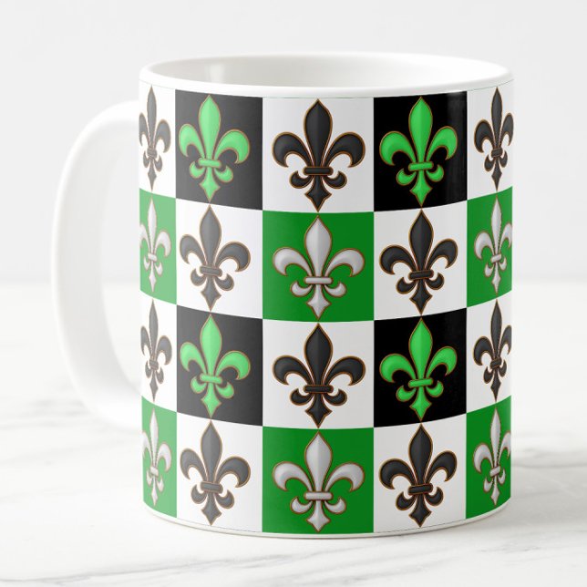 Caneca De Café Design de Fleur-de-lis, branco-verde, com verifica (Criador carregado)