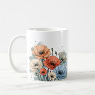 Caneca De Café Design de Flor Azul e Pêssego Elegante