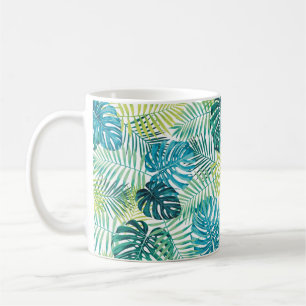 Caneca De Café Design de folha tropical com palma verde/azul e