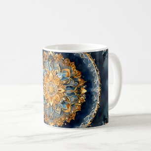 Caneca De Café Design de Mandala em azul com Dourado e Prata