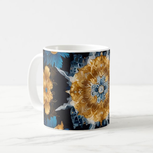 Caneca De Café Design de Mandala em preto com Dourado e Prata (Frente Esquerda)