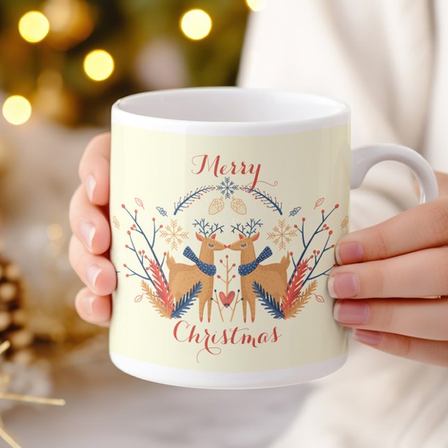 Caneca De Café Design de Natal Nórdico para Reindeiros Escandinav (Scandinavian Folk Woodland Deer - Cream - Coffee Mug)