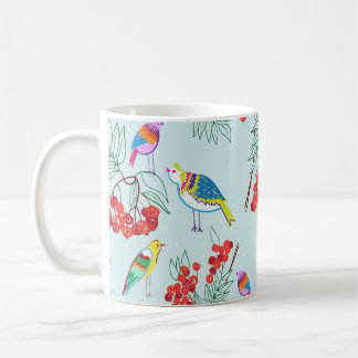 Caneca De Café Design de padrão de pássaro e morango.