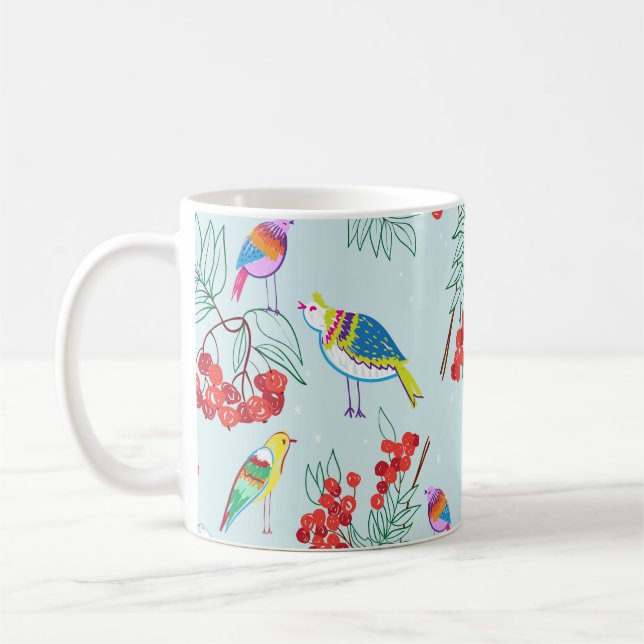 Caneca De Café Design de padrão de pássaro e morango. (Esquerda)