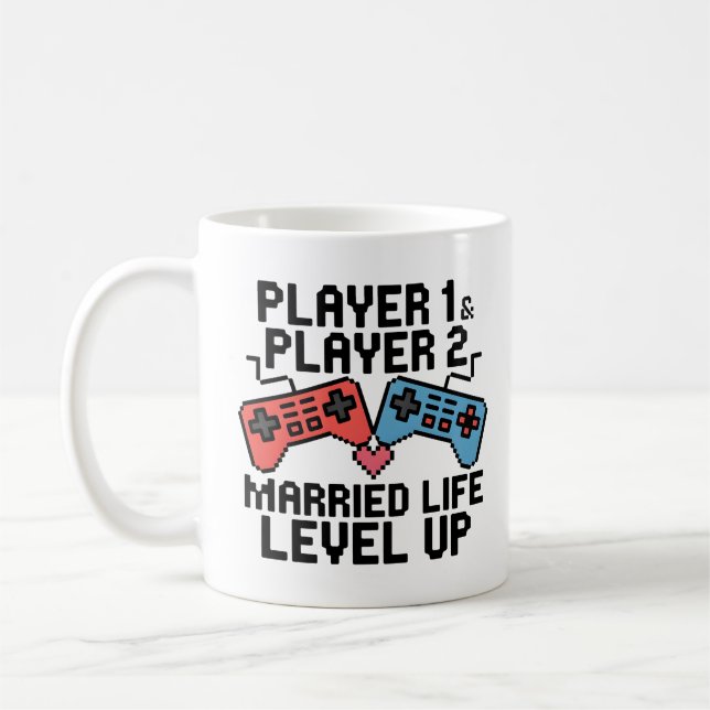 Caneca De Café Design de Pixel de Casal de Jogadores Subiu de Nív (Esquerda)