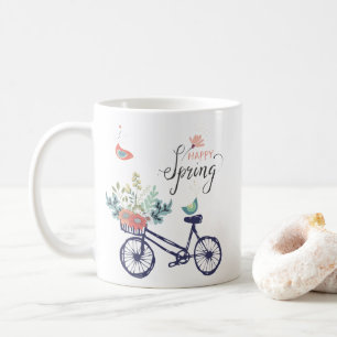 Caneca De Café Design de primavera feliz: bicicleta, flores e ave