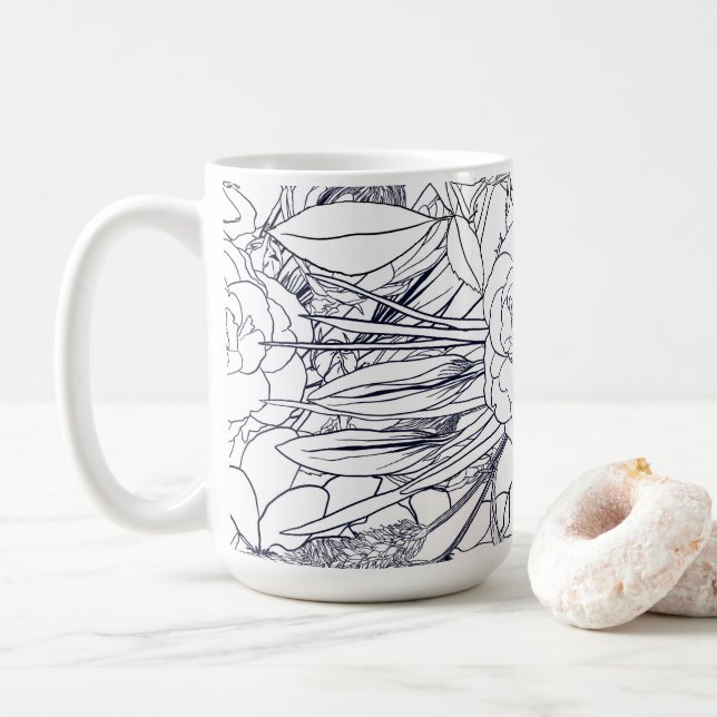 Caneca De Café Design de Rapariga Floral Desenhada em Linha Moder (Com Donut)