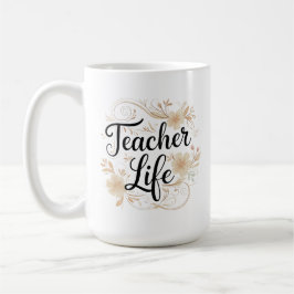 Caneca De Café Design de Tipografia Floral Vida de Professor