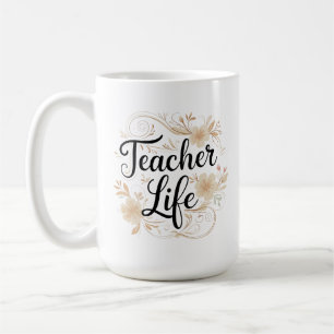 Caneca De Café Design de Tipografia Floral Vida de Professor