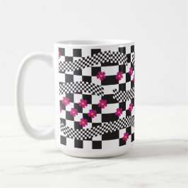 Caneca De Café Design de Xadrez Retro com Flores