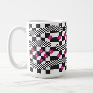 Caneca De Café Design de Xadrez Retro com Flores