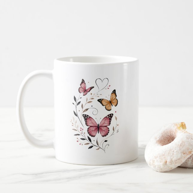 Caneca De Café Design Floral Botânico Borboleta Rosa (Com Donut)