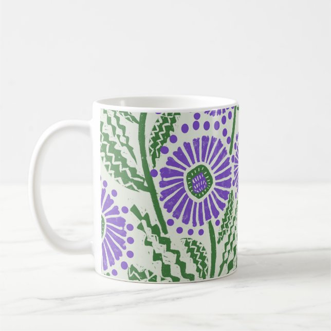 Caneca De Café Design Floral Branco, Verde, Lavanda De Bloco (Esquerda)
