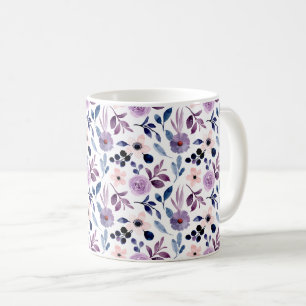 Caneca De Café Design Floral Delicado com Folhas de Lavanda Azul