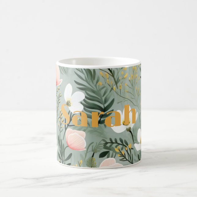 Caneca De Café design floral elegante com nome (Centro)