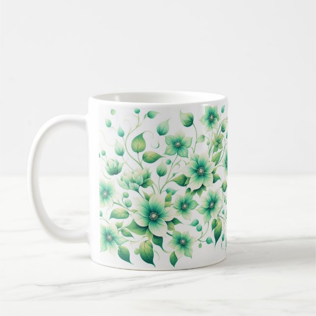 Caneca De Café Design Floral Verde de Flor Verde/Elegante Verde (Esquerda)