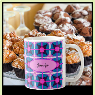 Caneca De Café Design Geométrico Retro em Rosa, Roxo e Azul - 