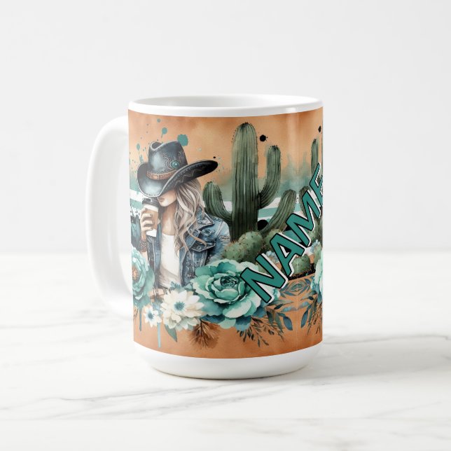 Caneca De Café Design na moda Ocidental com Cactus e Cowgirl (Frente Esquerda)