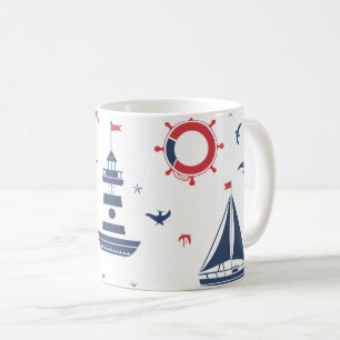 Caneca De Café Design náutica azul, branco e vermelho