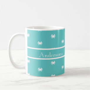 Caneca De Café Design náutica com caranguejo branco no azul-lacri
