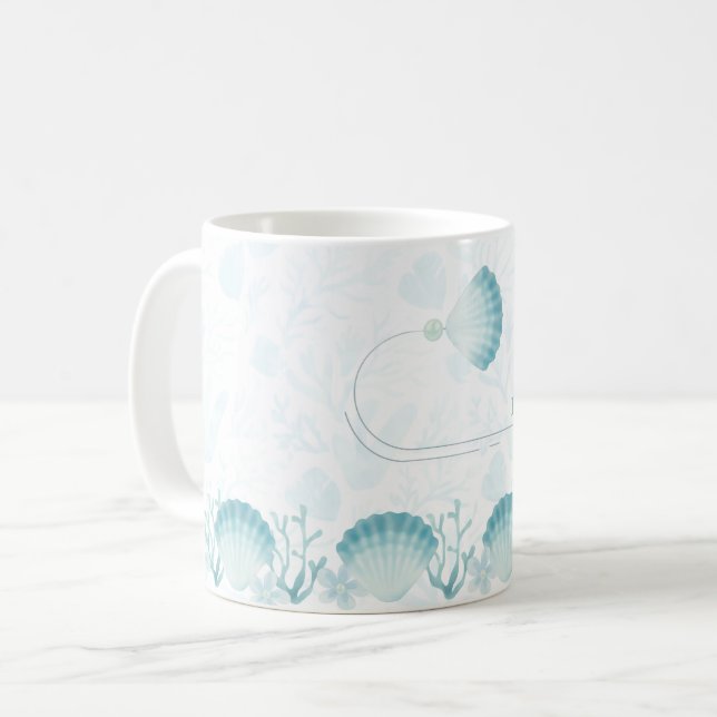 Caneca De Café Design Oceânico em Aquarela Pérola de Verão (Frente Esquerda)