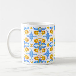 Caneca De Café Design ouro e Azulejo Botânico Azul - Watercolou