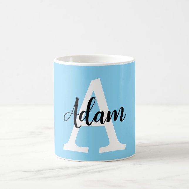 Caneca De Café Design Personalizado Nome Monograma Azul Script (Centro)