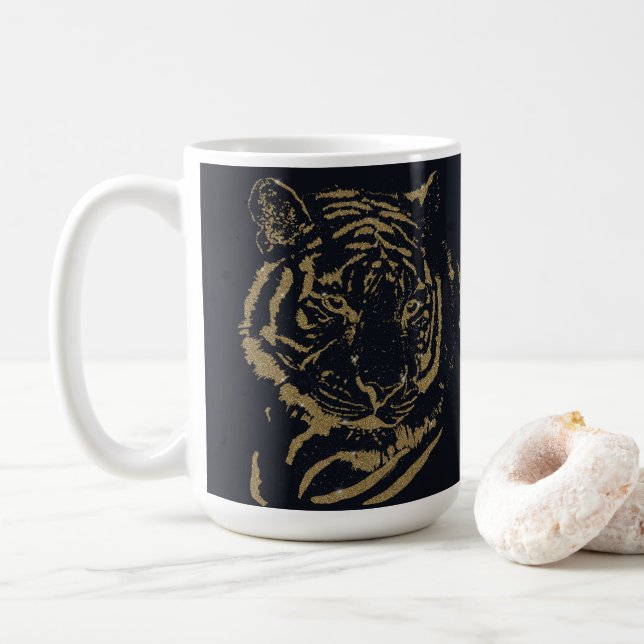 Caneca De Café Design preto Dourado Tigre (Com Donut)