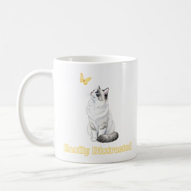 Caneca De Café Designo de Gato Fofo e Borboleta Facilmente Distra (Esquerda)