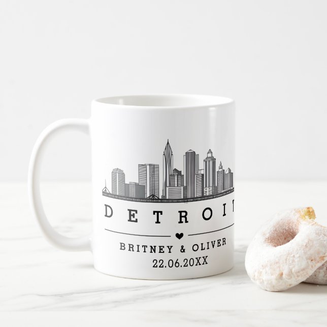 Caneca De Café DETROIT Skyline - Favor de Casamento Personalizado (Com Donut)