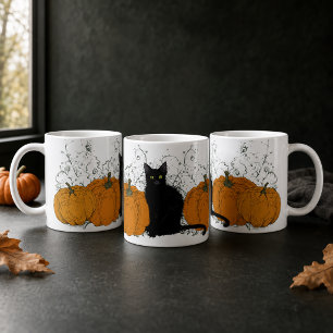 Caneca De Café Dia das Bruxas de Gato Negro e Pumpkins
