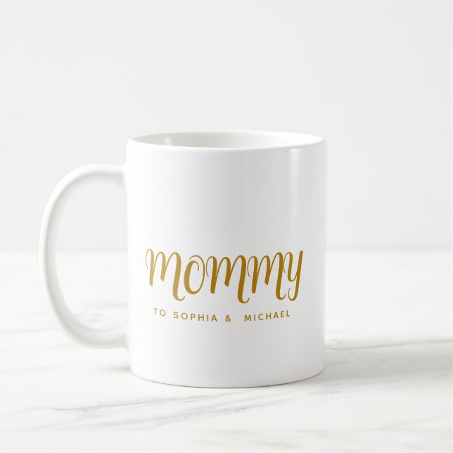 Caneca De Café Dia de as mães de Script Dourado de Nomes de Crian (Esquerda)