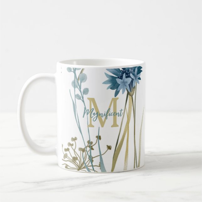 Caneca De Café Dia de as mães Monograma Floral Claro Azul Dourado (Esquerda)