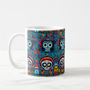 Caneca De Café Dia de Muertos, padrão de crânios de açúcar azul