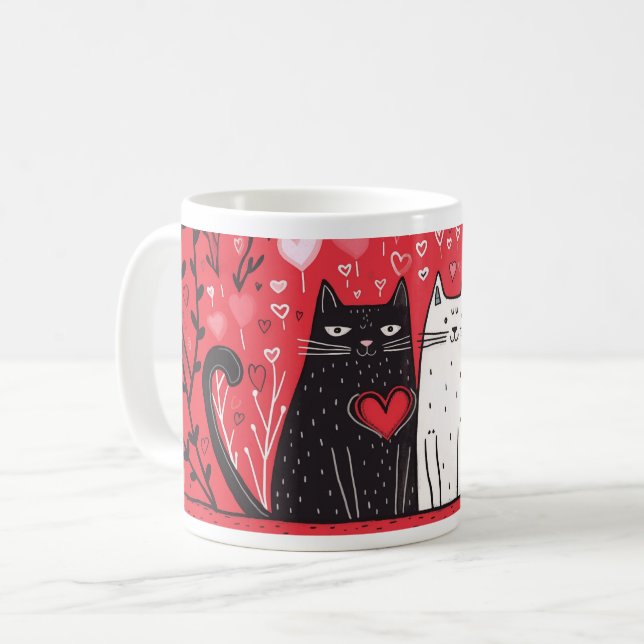 Caneca De Café Dia de os namorados - Gatos brancos e pretos (Frente Esquerda)