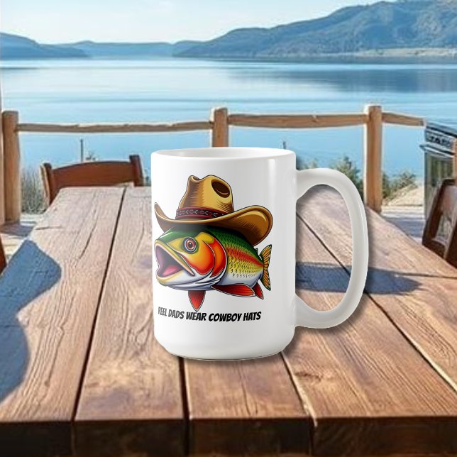 Caneca De Café Dia de os pais Engraçado Peixe Vestindo um Chapéu  (Funny Father's Day Mug Trout wearing a cowboy hat Reel Dad's Wear Cowboy Hats. )