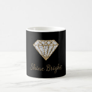 Caneca De Café Diamante Brilho Branco Ouro Preto