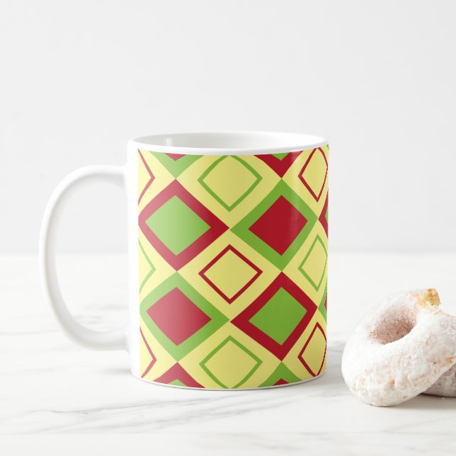 Caneca De Café Diamante Verde Vermelho Geométrico (Com Donut)