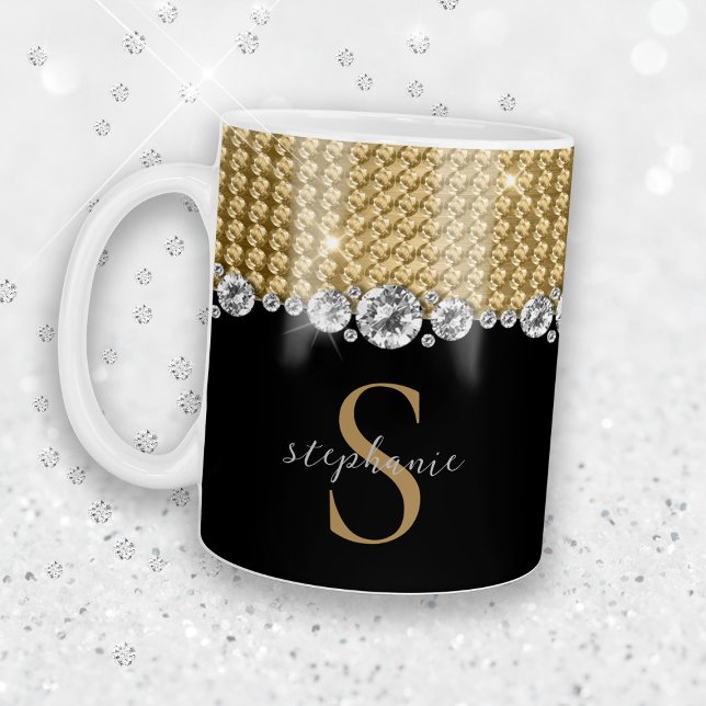 Caneca De Café Diamantes Dourados, preto Elegante brilhante Monog (Diamonds Gold Black Elegant Shiny Monogram Custom Coffee Mug)