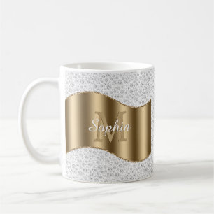 Caneca De Café Diamantes, Grande Nome Branco do Monograma Dourado