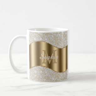 Caneca De Café Diamantes, Monograma Dourado Grande, Nome de Scrip