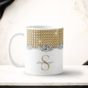 Caneca De Café Diamantes Ouro Elegante Brilhante Monograma Person