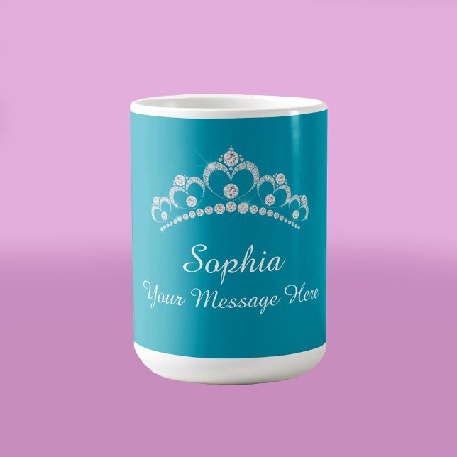Caneca De Café Diamond Crown, Name, Your Message, Teal (Criador carregado)