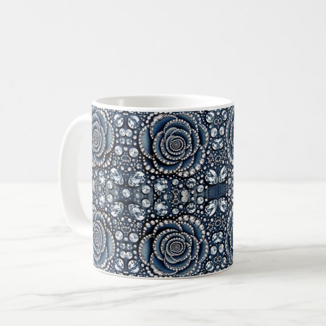 Caneca De Café Diamond Rosa e Denim Glam Bling Jewels (Frente Esquerda)