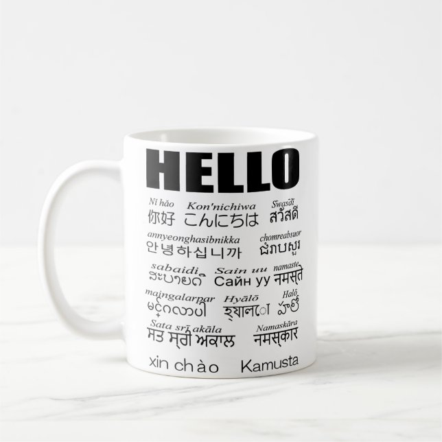 Caneca De Café Diga olá em 15 idiomas asiáticos. (Esquerda)