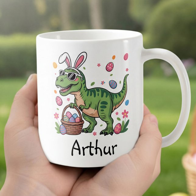 Caneca De Café Dinosaur Easter Bunny Custom Name Mug For Kids (Criador carregado)