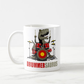 Caneca De Café Dinosauro Tocando Bateria Músico T Rex Bateriaurus